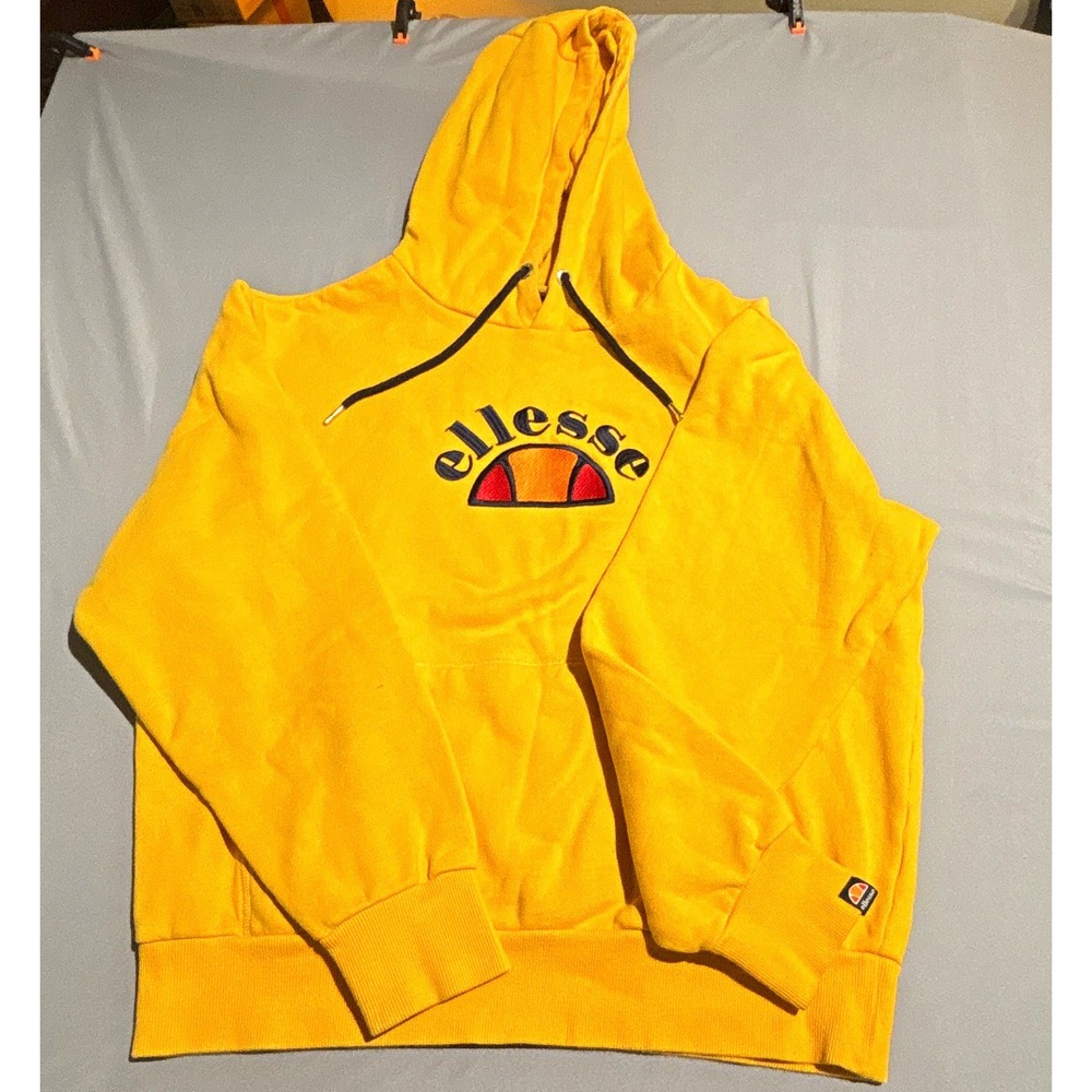 Ellesse Mens Yellow Pullover Hoodie Embroidered Logo Fleece Sweatshirt Size XL